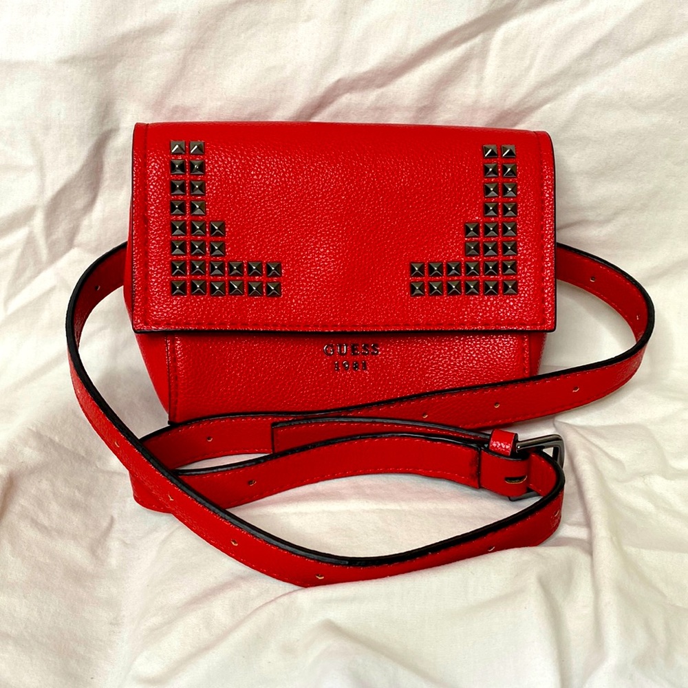 Guess Pebbled Leather Belt Bag With Metal Studs Detail, Red